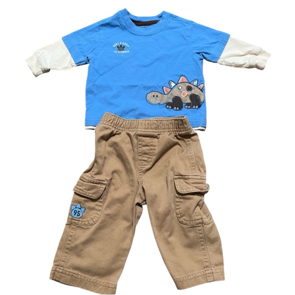 OshKosh B'gosh Blue & Tan Kids Dinosaur Print Matching Set 6 Months 100% Cotton